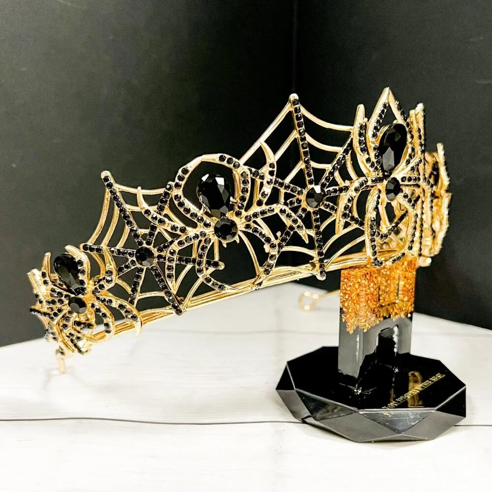 Spider woman crown, goth Halloween crown, Cosplay gold crown, Black spider crown